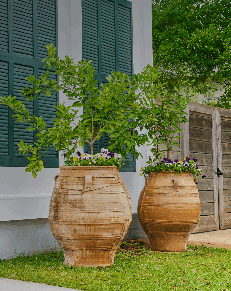 Newly installed landscape planting bed with potted plants in Metairie, LA